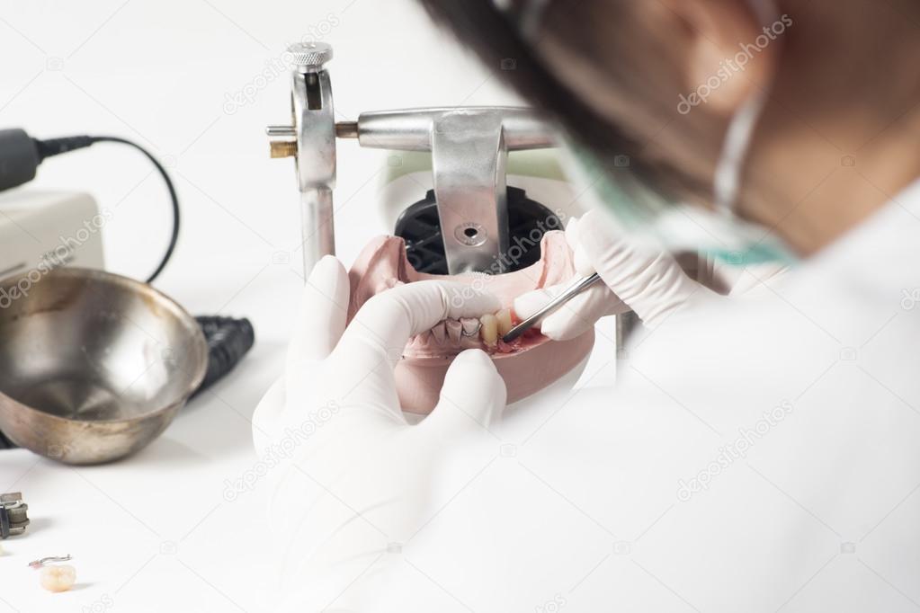 Dental technician working with articulator