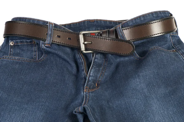 Mavi jeans kahverengi deri kemer ile — Stok fotoğraf