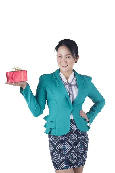 Portrait of beautiful Asian woman holding a gift box — Stock Photo, Image