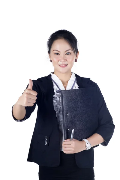 Mulher de negócios bem sucedida mostrando polegares para cima sinal, segurando preto — Fotografia de Stock