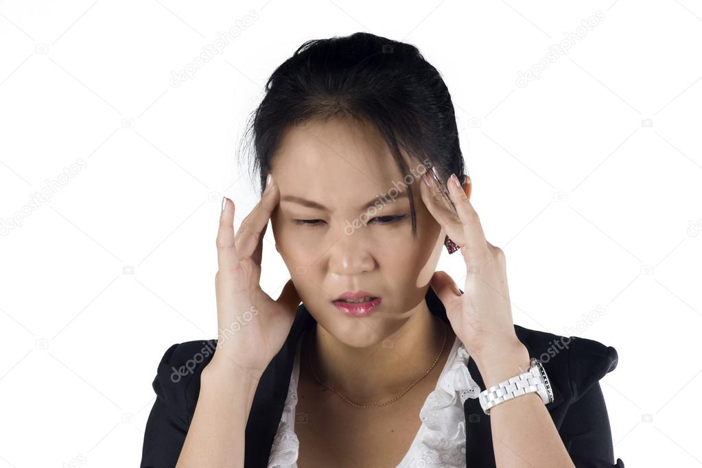 Stressed business woman with a headache isolate on white backgro