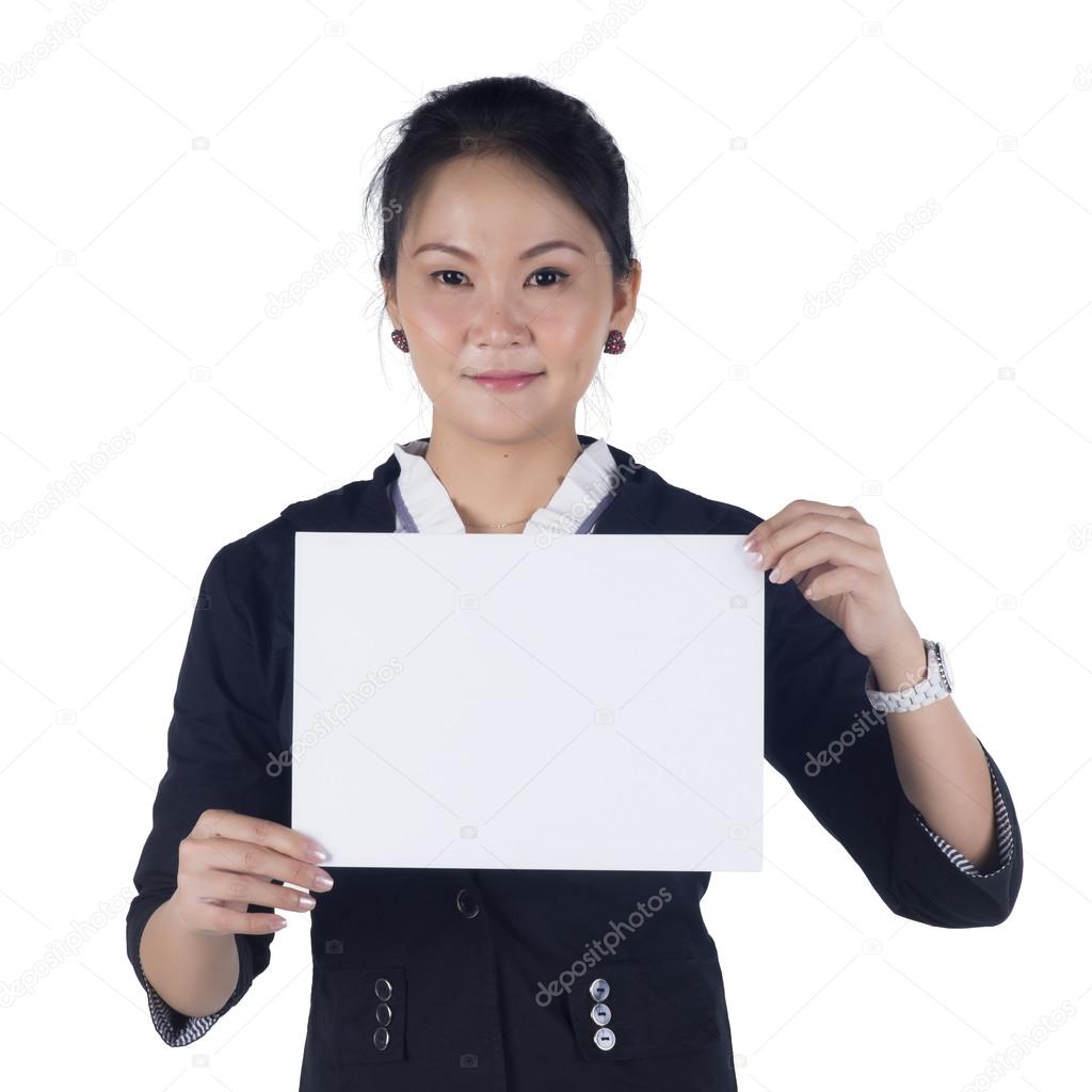 Business woman in black suit holding a blank sign board