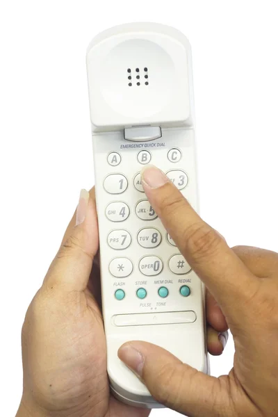 Рука, що тримає телефон, робить екстрений дзвінок . — стокове фото