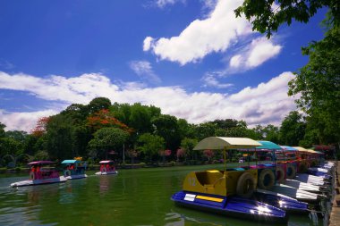 Güzel mavi gökyüzü ile milli park içinde gölde pedallı bot