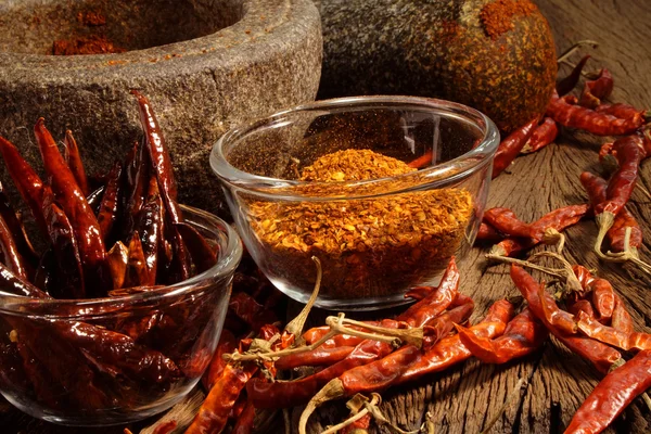 Make dry chilli to cayenne by mortar — Stock Photo, Image