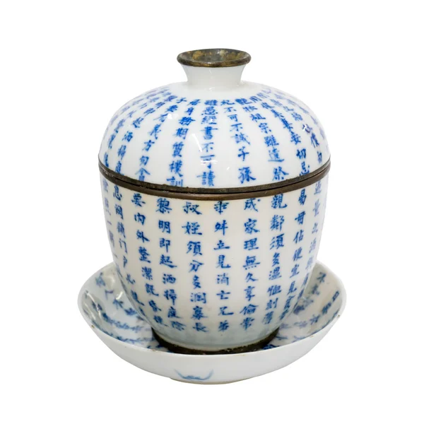 Čínský starožitný modré a bílé čajové misky, kryt a talířek — Stock fotografie