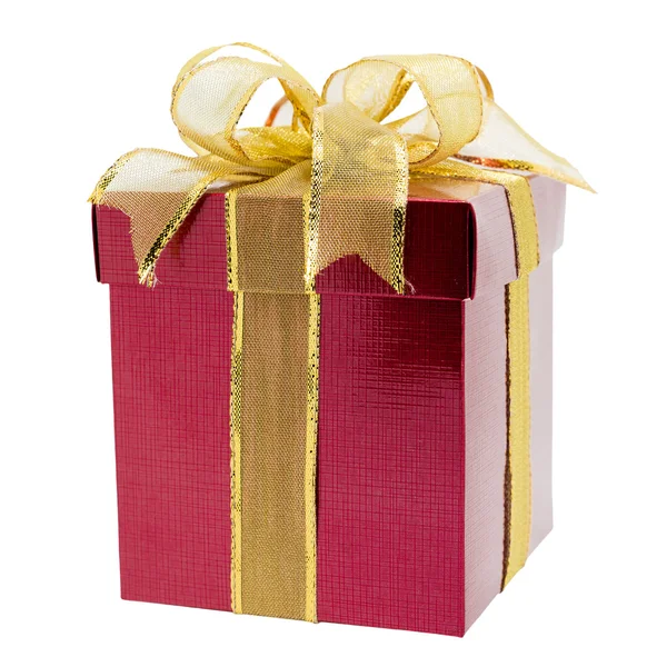 Red gift box with gold ribbon — Stock Photo, Image