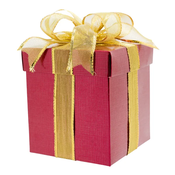 Red gift box with gold ribbon — Stock Photo, Image