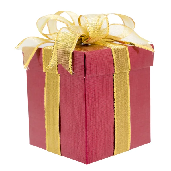 Red gift box with gold ribbon — Stock Photo, Image