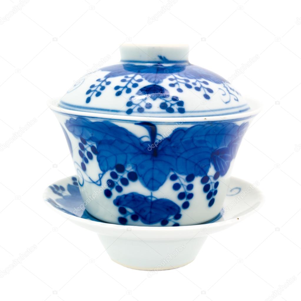 Chinese antique blue and white tea bowl, cover and saucer,