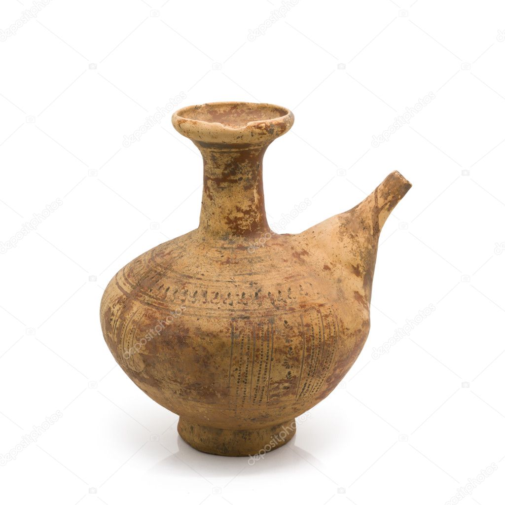 Antique clay ewer isolated on white background