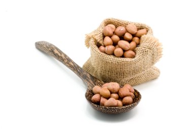 Tahta kaşık ve çuval yok deniz hayvanı kabuğu kuru fıstık