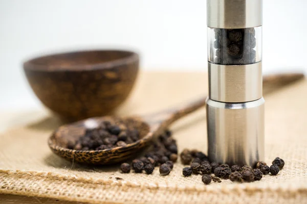 Pepper grinder and black peppercorn — Stock Photo, Image