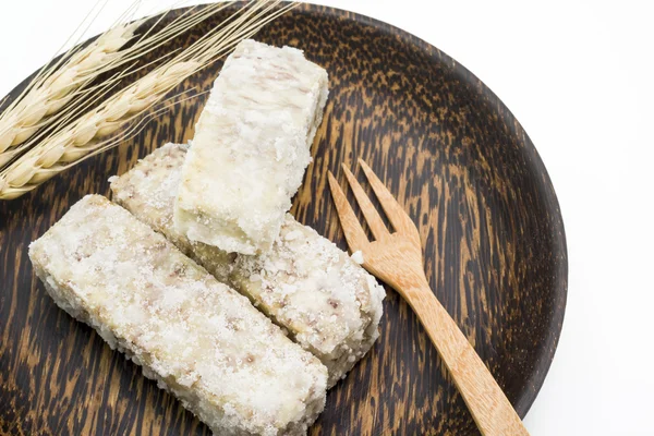 Kínai és Thai desszert, édes Taro sült, fából edényt tenyér — Stock Fotó