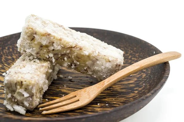 Postre chino y tailandés de taro dulce frito en el plato de madera de palma — Foto de Stock