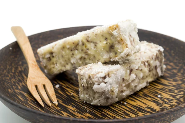 Chinese and Thai dessert of sweet taro fried on palm wood dish — Stock Photo, Image