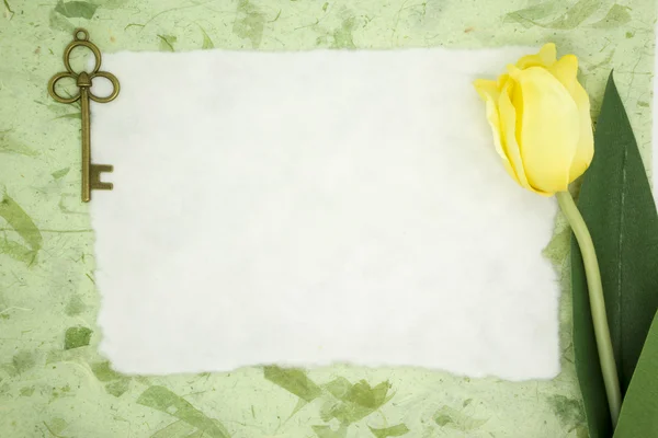 Blank paper with yellow tulip and old key — Stock Photo, Image