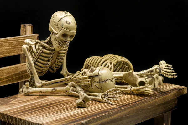 Natureza morta do esqueleto modelo no conceito de Véspera de Todos os Santos — Fotografia de Stock