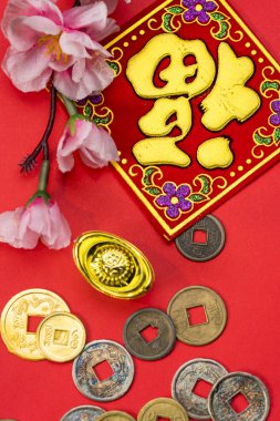 Chinese new year decorations and Auspicious ornaments on red bac
