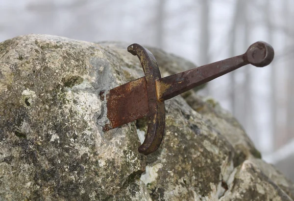 Legendary Excalibur sword into the stone in the middle of the fo — Stock Photo, Image