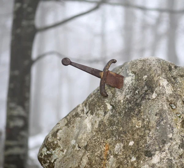 Legendary Excalibur sword into the stone in the middle of the fo — Stock Photo, Image