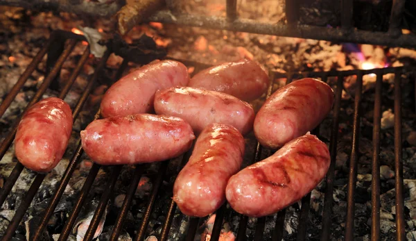 Velký a tlustý vepřové klobásy na grilu — Stock fotografie