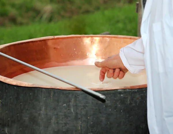 Quesero comprueba con la mano la temperatura de la leche dentro de la b —  Fotos de Stock