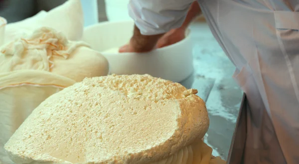 Queso fresco recién hecho en la vieja lechería en una cabaña de montaña — Foto de Stock