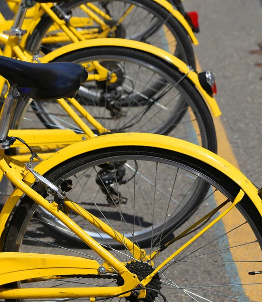 Vélo dans le porte-vélos du vélo-partage urbain pour se déplacer dans — Photo