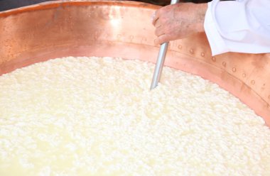 cheesemaker curds che yapmak için bakır kazana kıpırdanırken.