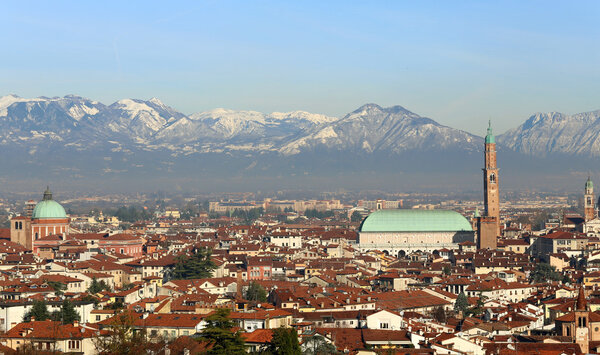 Vicenza, Italy, Basilica Palladiana, houses, landmarks and Monte Summano in background