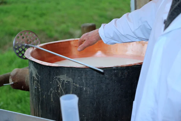 Cheesemaker checks with hand the milk 's temperature inside the c — стоковое фото