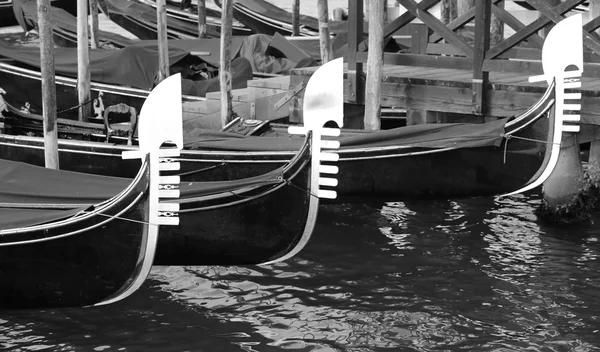 Tre prows av venetianska gondoler — Stockfoto
