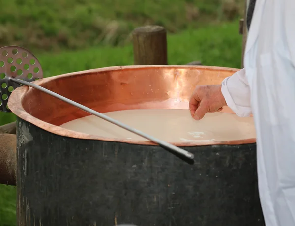 Cheesemaker checks with hand the milk 's temperature inside the b — стоковое фото