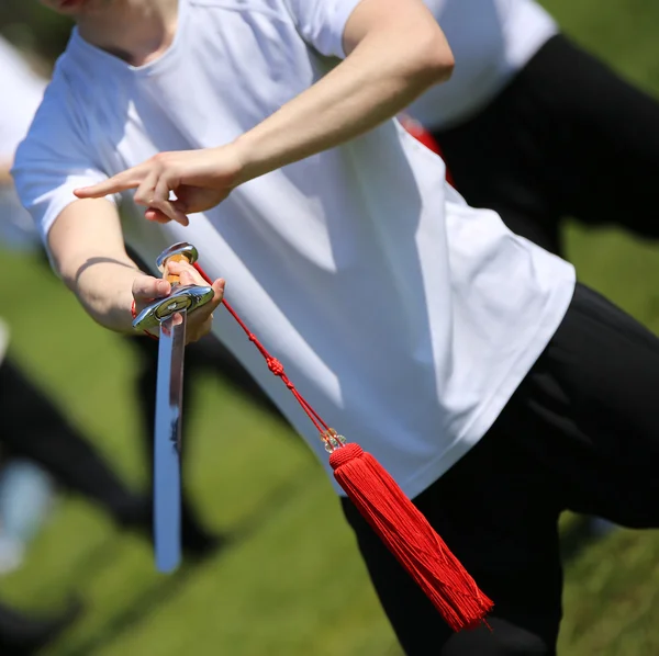 Tai Chi vechtsporten atleet maakt bewegingen met zwaard — Stockfoto