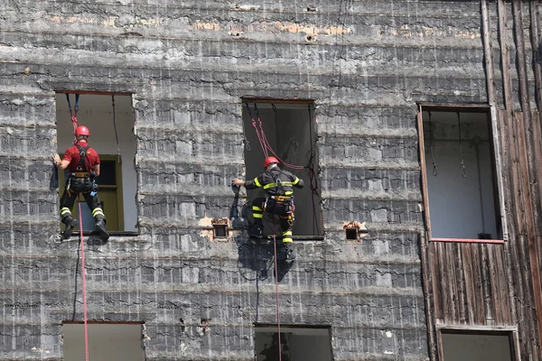 Bombeiros escalando uma parede de uma casa durante a broca de incêndio — Fotografia de Stock