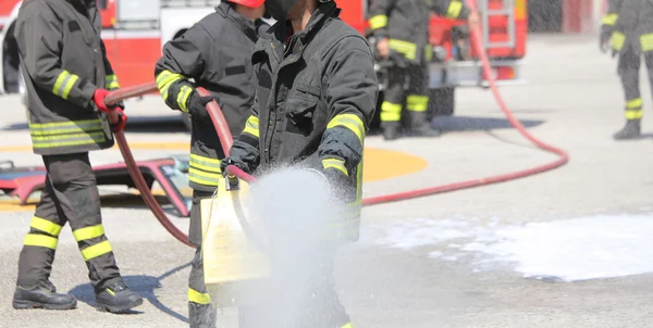 Bomberos con el extintor de incendios durante una sesión de práctica —  Fotos de Stock