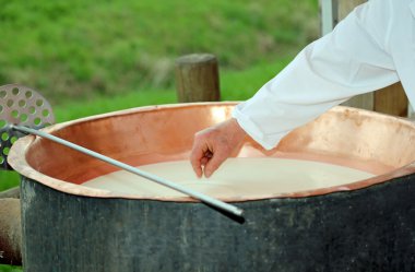 Cheesemaker el ile c iç sütün sıcaklığı denetler.
