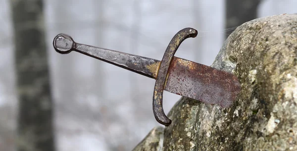 Espada Excalibur legendaria en la piedra en el centro de la fo —  Fotos de Stock