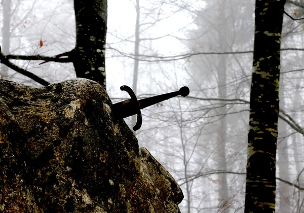 Espada Excalibur legendaria en la piedra en el centro de la fo — Foto de Stock