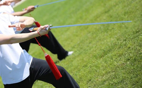 Sportowiec sztuki walki Tai Chi ekspertów sprawia, że ruchy mieczem — Zdjęcie stockowe