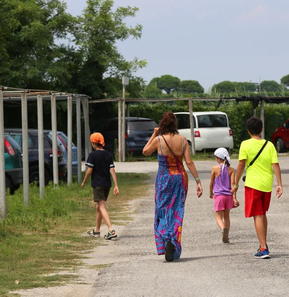 Familia con una madre y tres niños vestidos con colorido paseo —  Fotos de Stock
