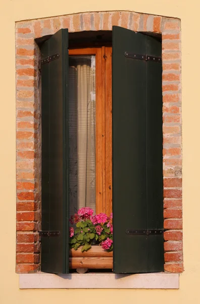 Geblümter Balkon mit Fenster im Haus und vielen Blumentöpfen — Stockfoto