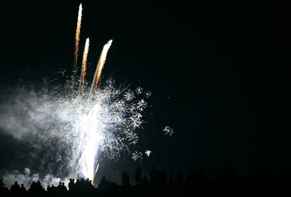 Gente viendo el espectáculo de fuegos artificiales en la playa —  Fotos de Stock