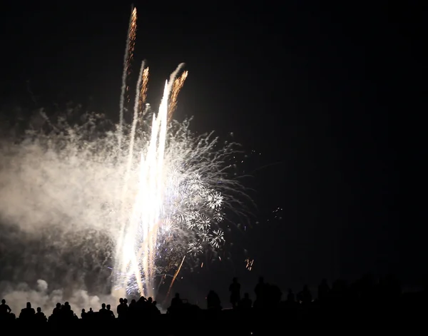 black silhouettes of people watching the show of fireworks