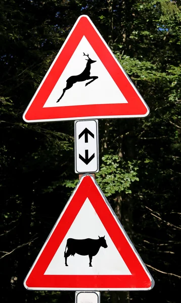 Znaki drogowe w pobliżu zwierząt przejście drewna niebezpieczeństwo — Zdjęcie stockowe