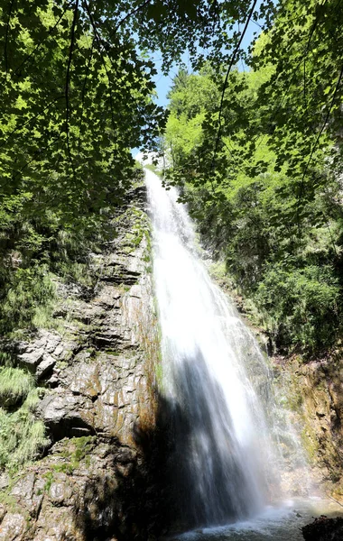 Alta Cachoeira Com Muita Água Cintilante Meio Floresta Uma Paisagem — Fotografia de Stock