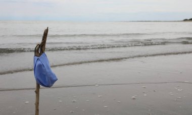 Kıyıdaki dalda asılı mavi cerrahi maske