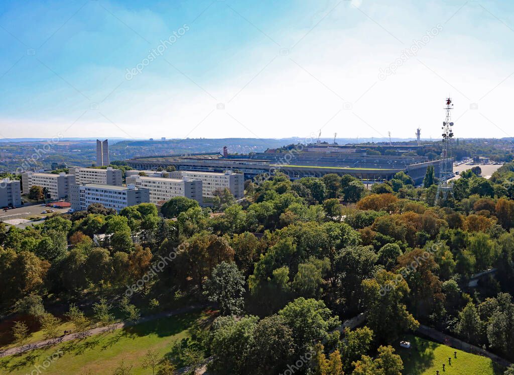 view of the city of Prague and the largest Old Stadium in the world  called Velky Strahovsky Stadion