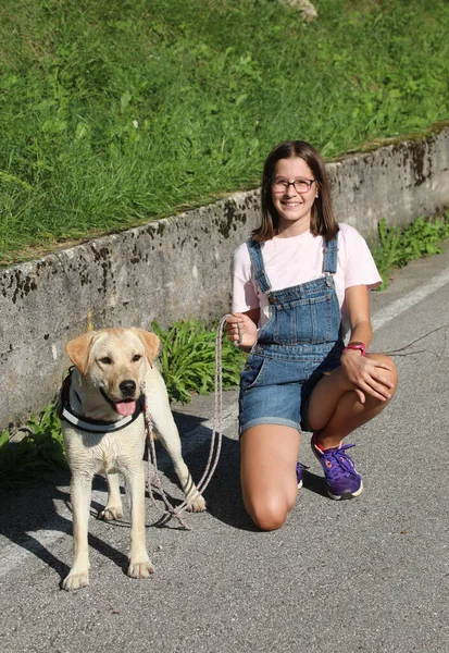 smiling little girl and her dog on the road